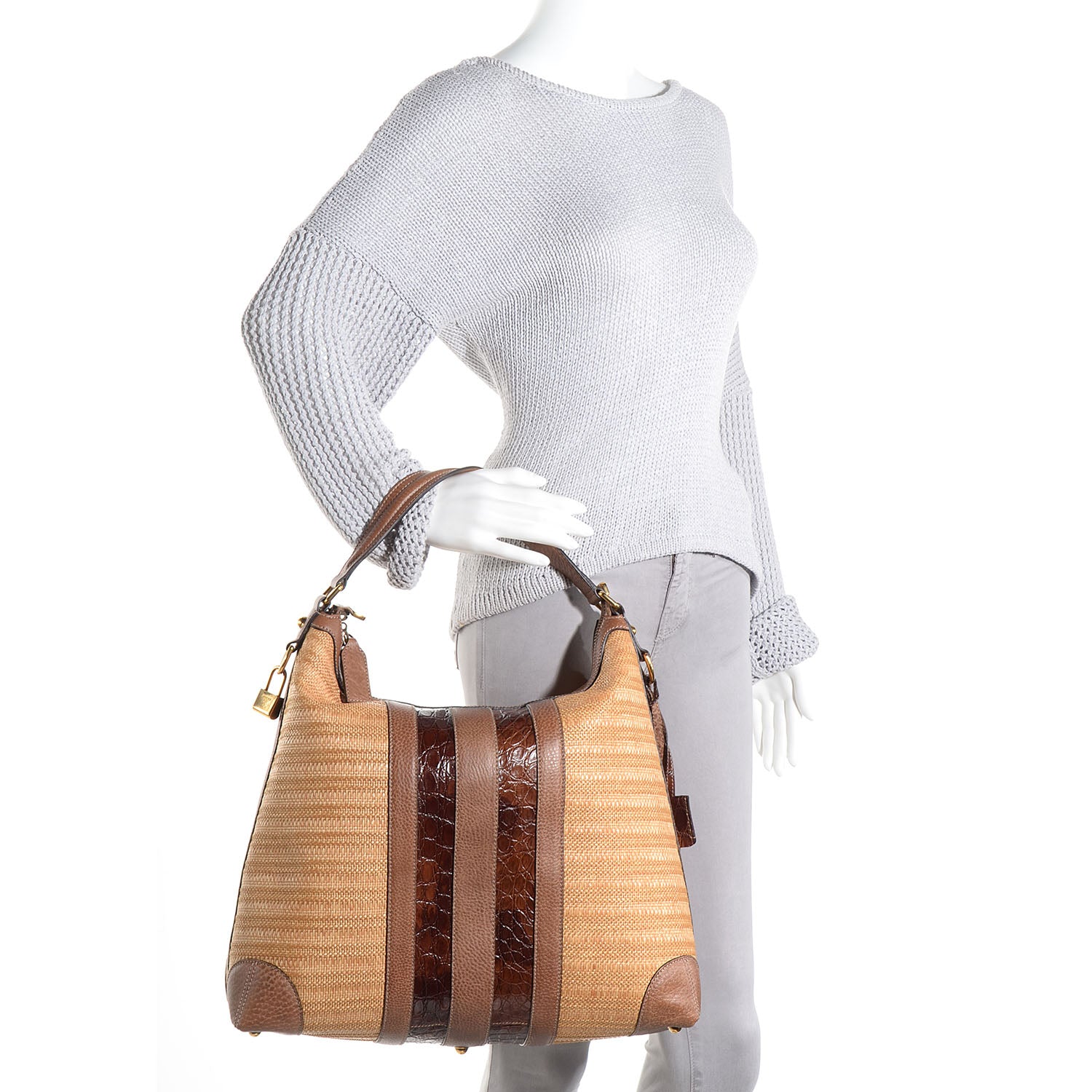 Gucci Straw Crocodile Medium Secret Hobo Brown 2 of 7