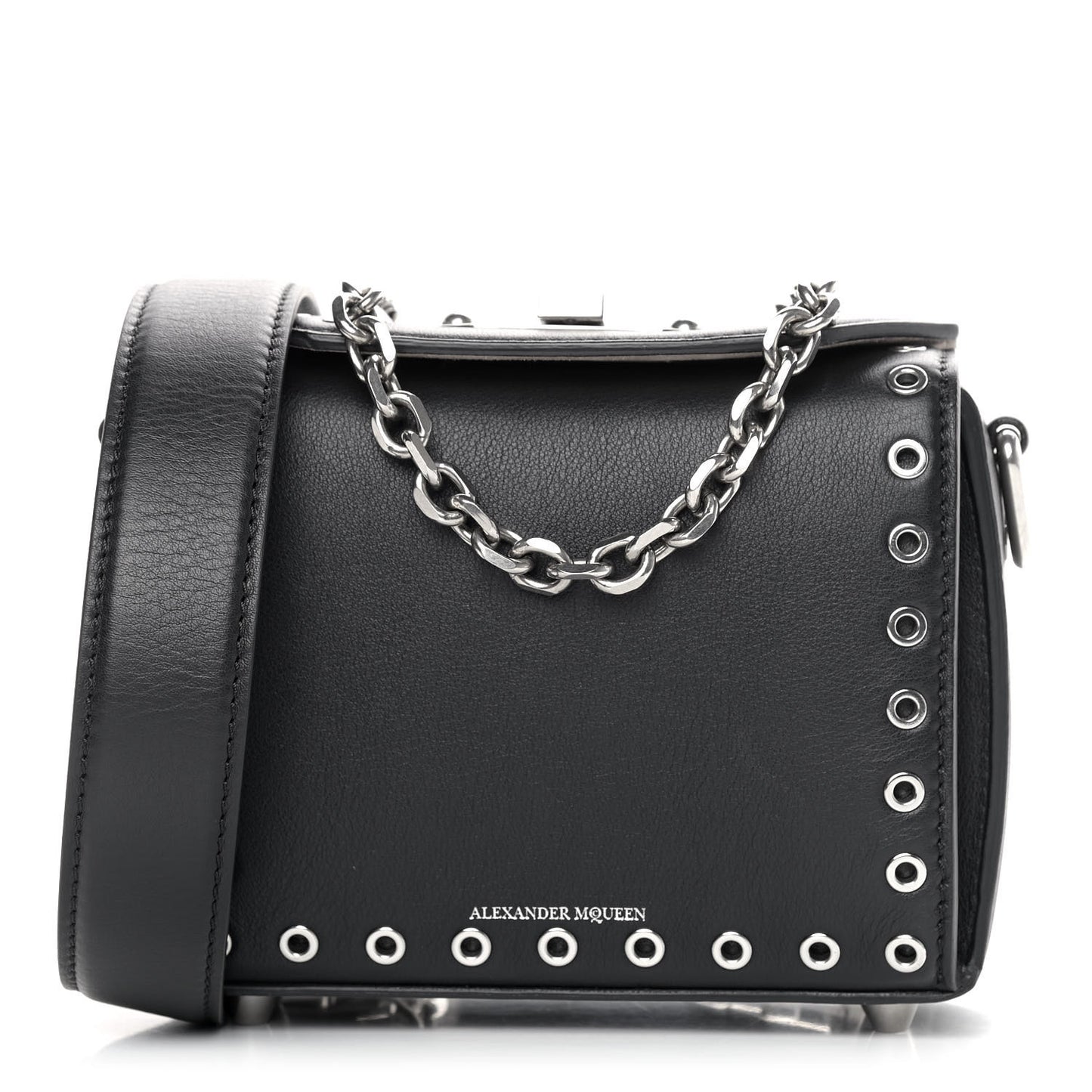 Fine Grain Goatskin Perforated Box Shoulder Bag 16 Black