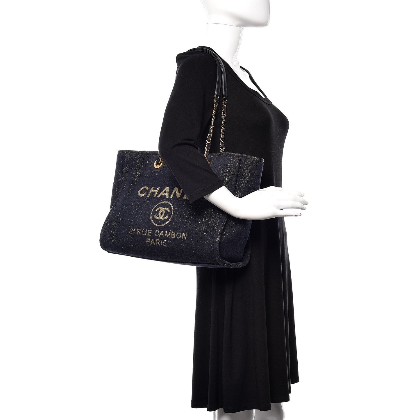 Lurex Canvas Small Deauville Tote Navy Blue Gold