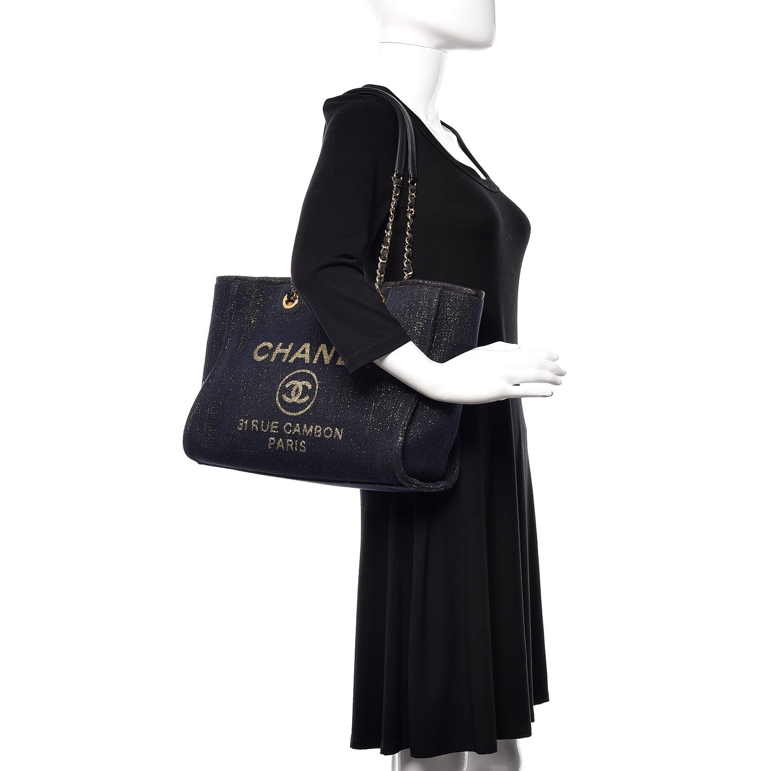 Chanel Lurex Canvas Small Deauville Tote Navy Blue Gold 2 of 10
