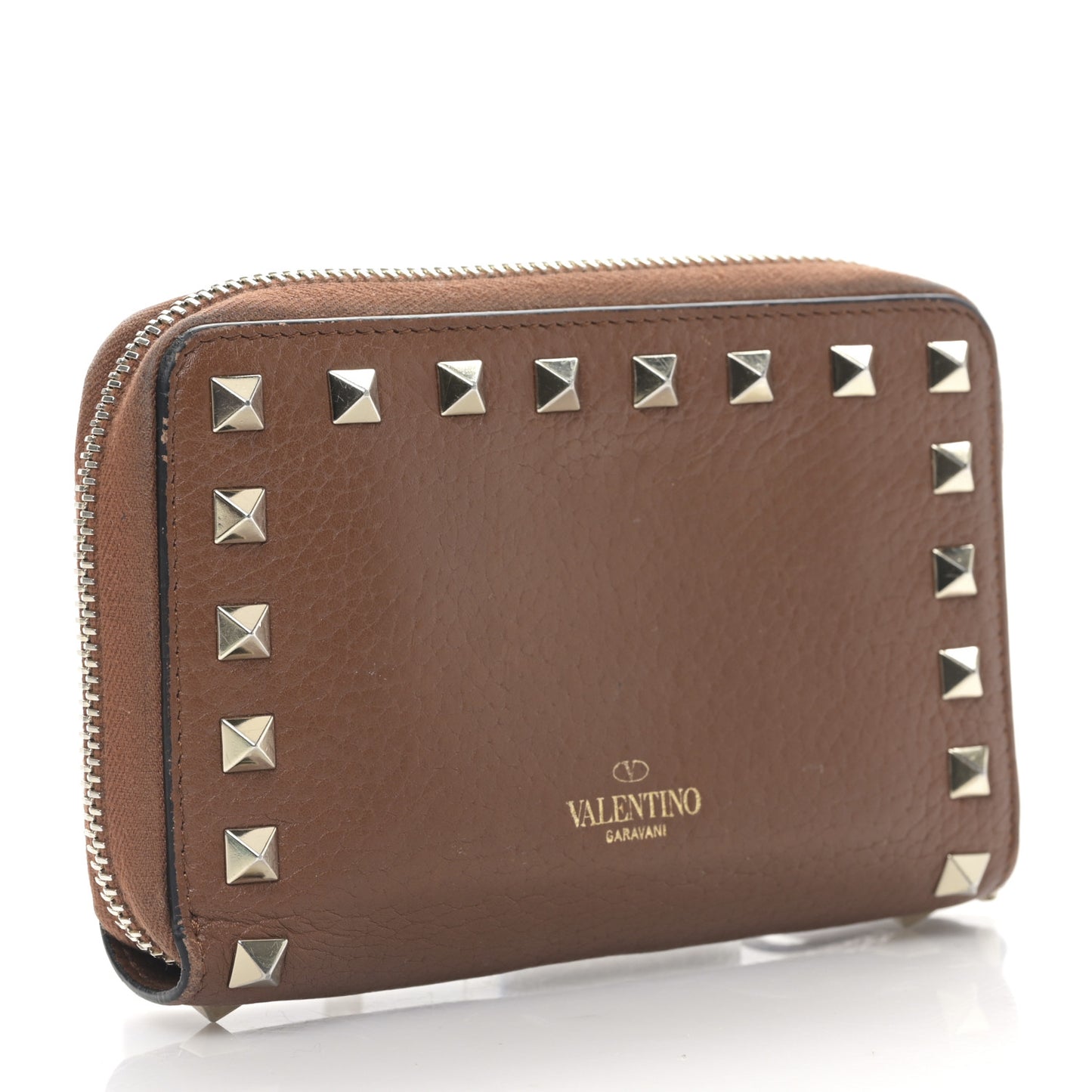Pebbled Calfskin Rockstud Compact Zip Around Wallet Bright Cognac