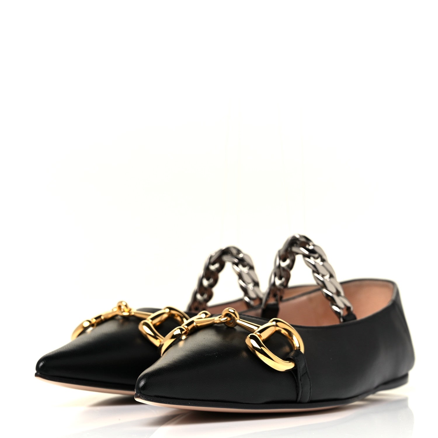 Gucci Nappa Lumiere Deva Horsebit Chain Embellished Flats 37.5 Black 4 of 8