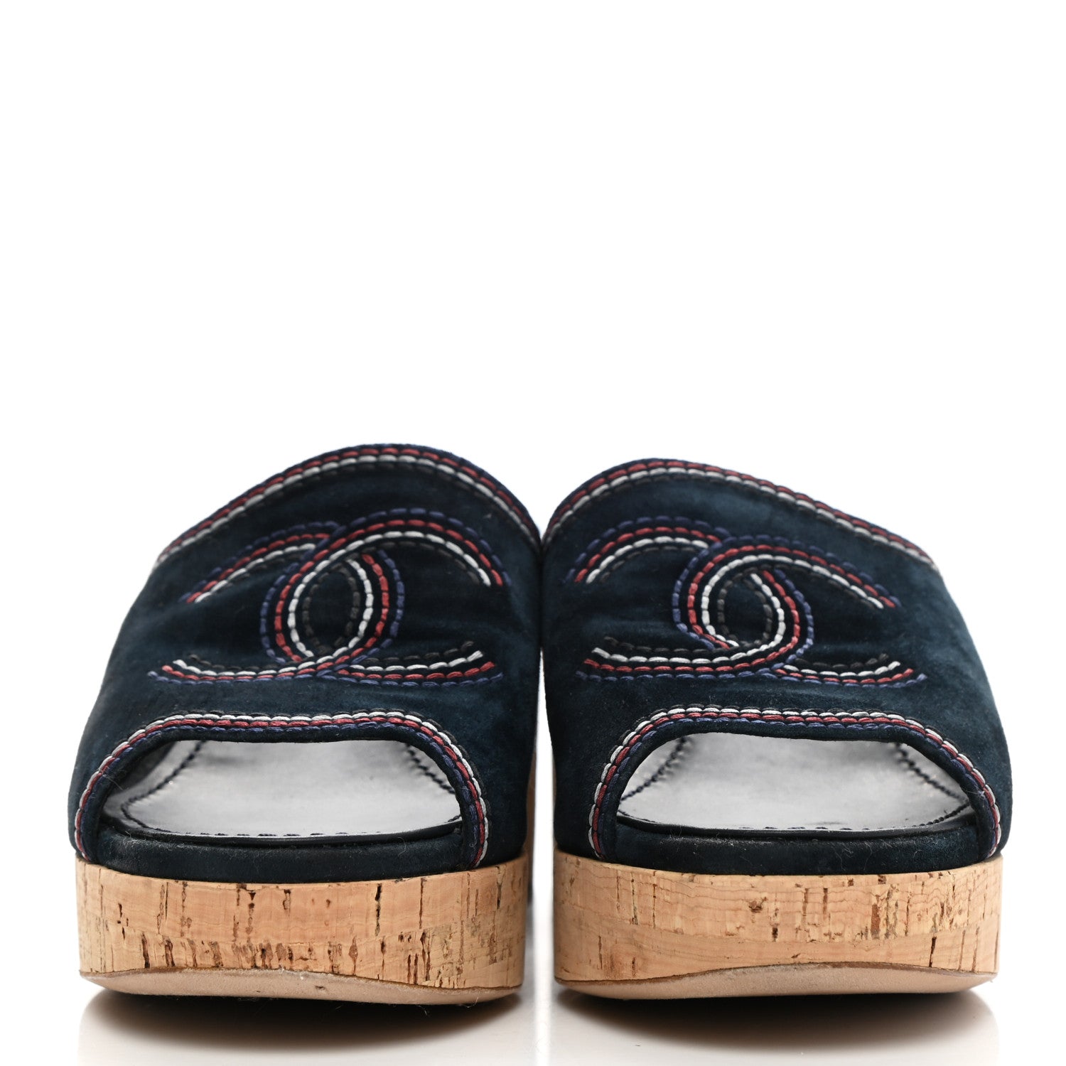 Chanel Suede Calfskin Cork CC Wedge Sandal 38.5 Navy Blue 2 of 10