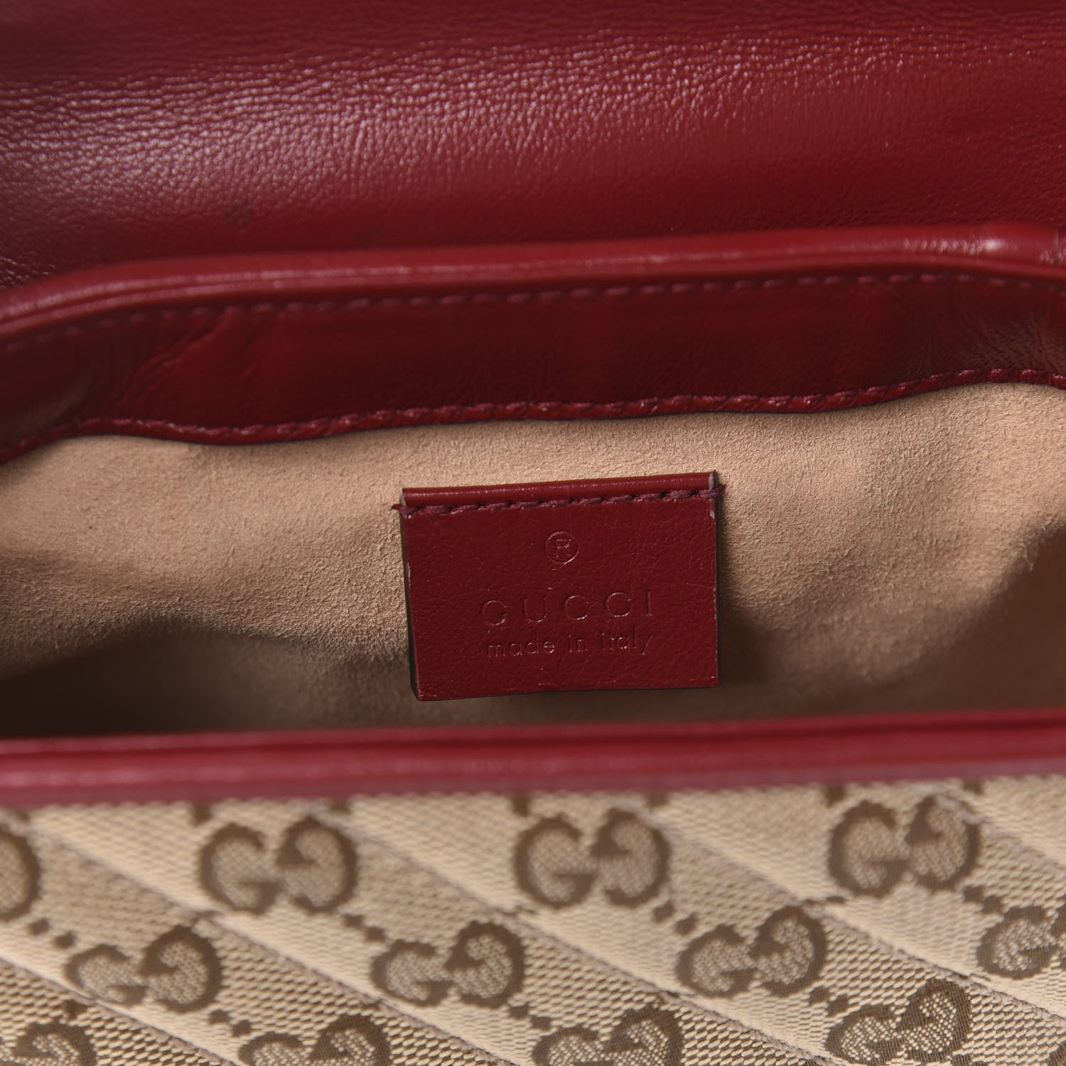 Gucci Monogram Glazed Calfskin Matelasse Diagonal Mini GG Marmont Top Handle Shoulder Bag Beige Ebony New Cherry Red 8 of 10
