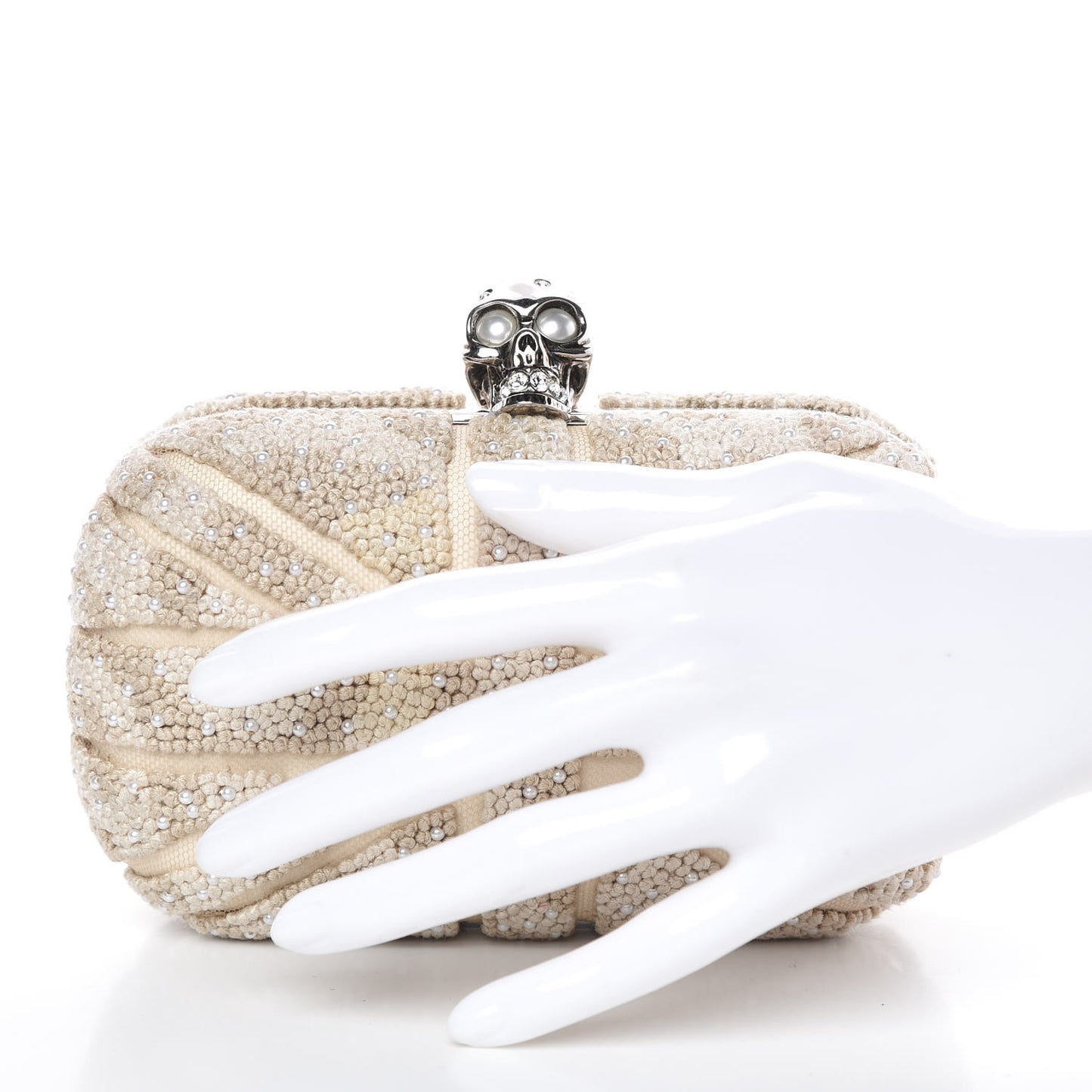 Canvas Beaded Britannia Skull Box Clutch Natural
