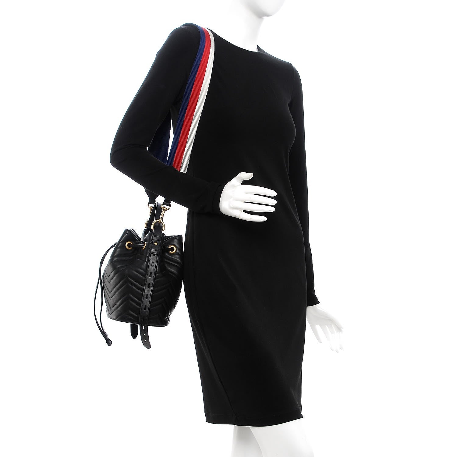 Gucci Calfskin Matelasse Sylvie Web GG Marmont Bucket Bag Black 2 of 7