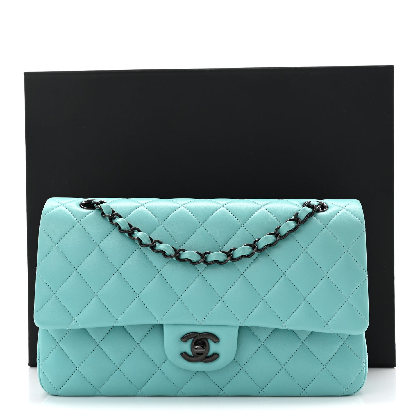 Lambskin Quilted Medium Double Flap Light Blue