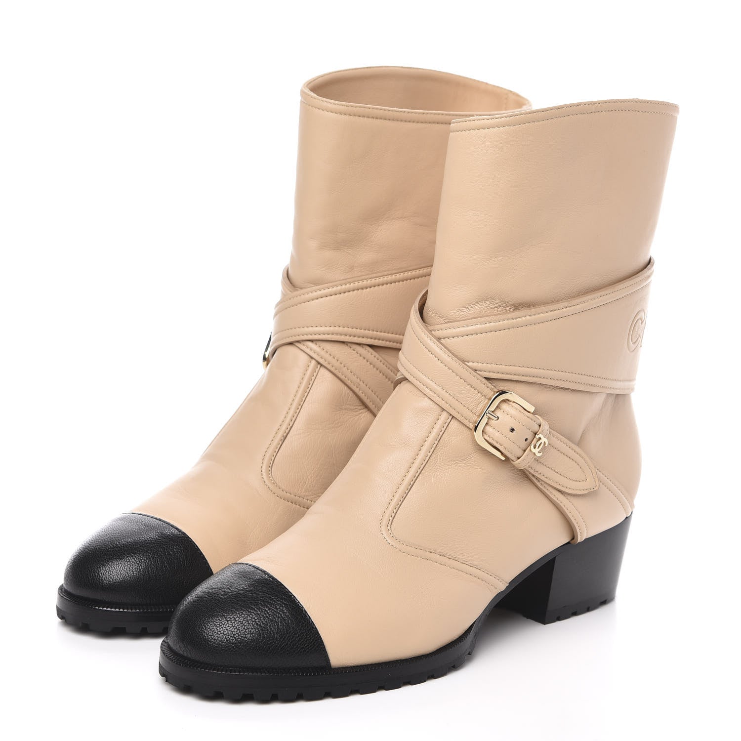 Chanel Lambskin Logo Cap Toe Short Boots 37.5 Beige Black 3 of 10
