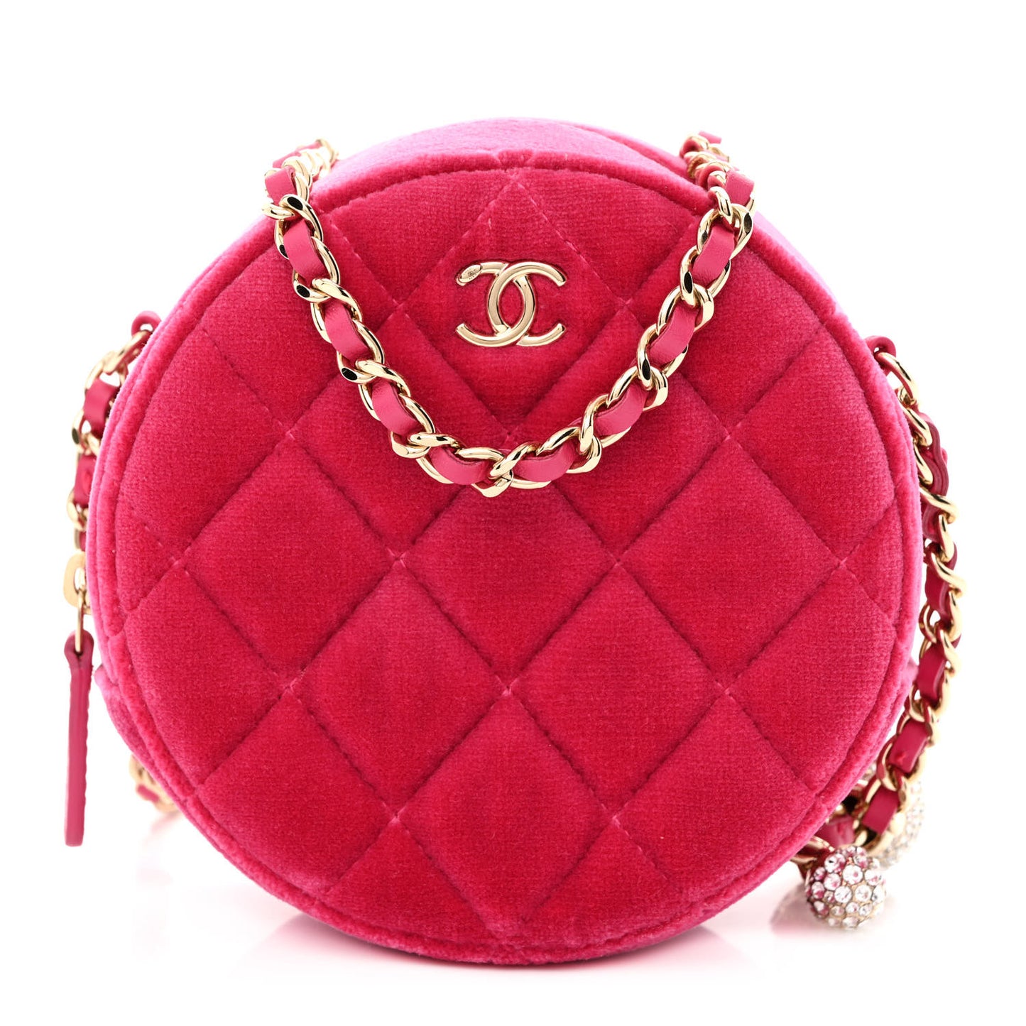 Velvet Round Quilted Pearl Crush Clutch With Chain Pink