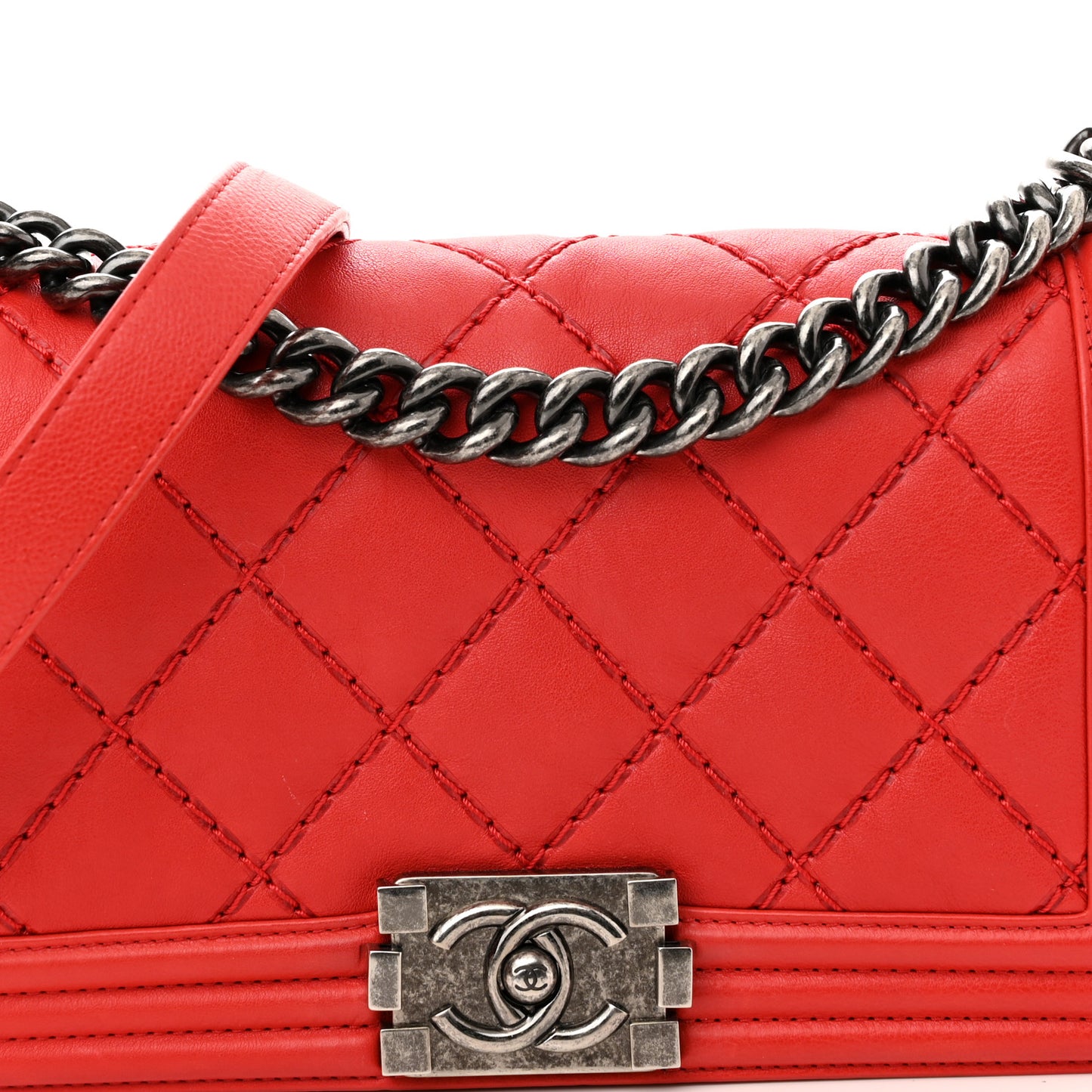 Calfskin Double Stitch Small Boy Flap Red