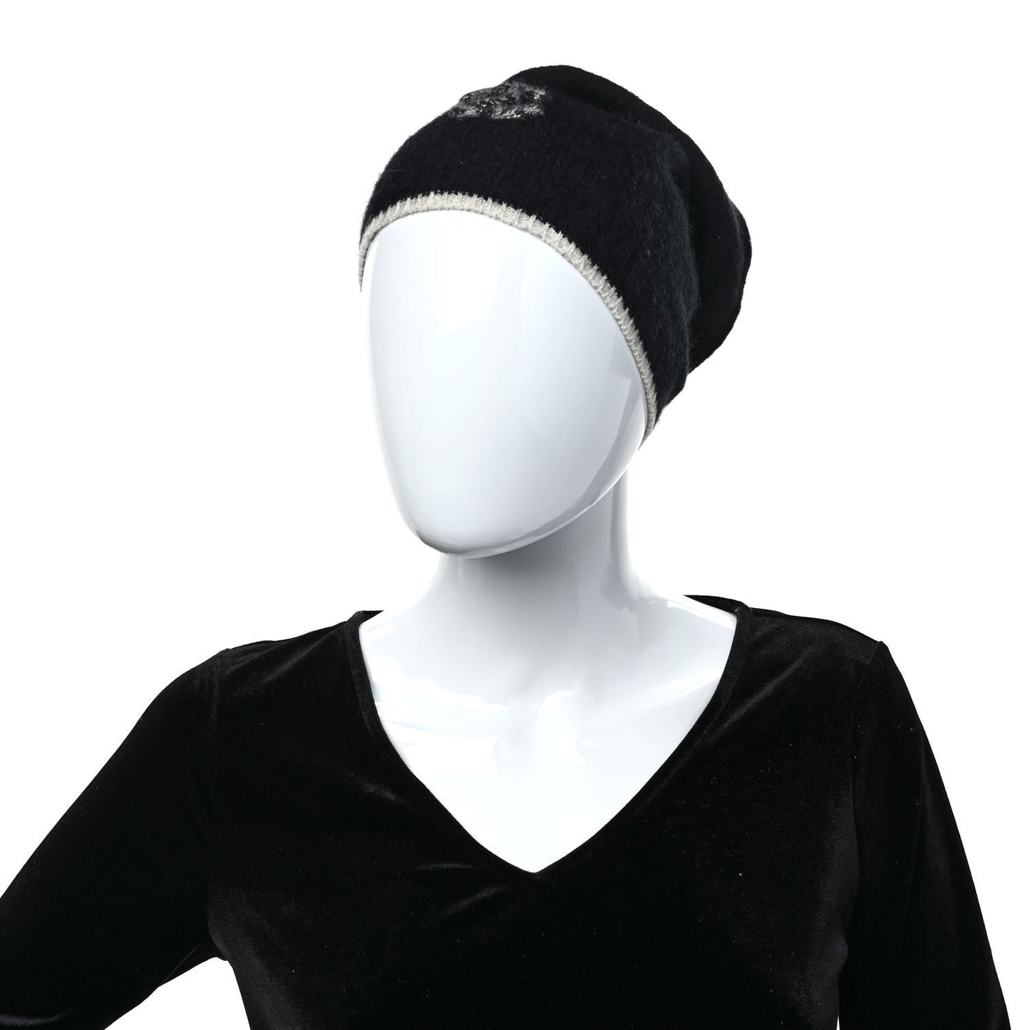 Cashmere Silk CC Beanie Hat Black White