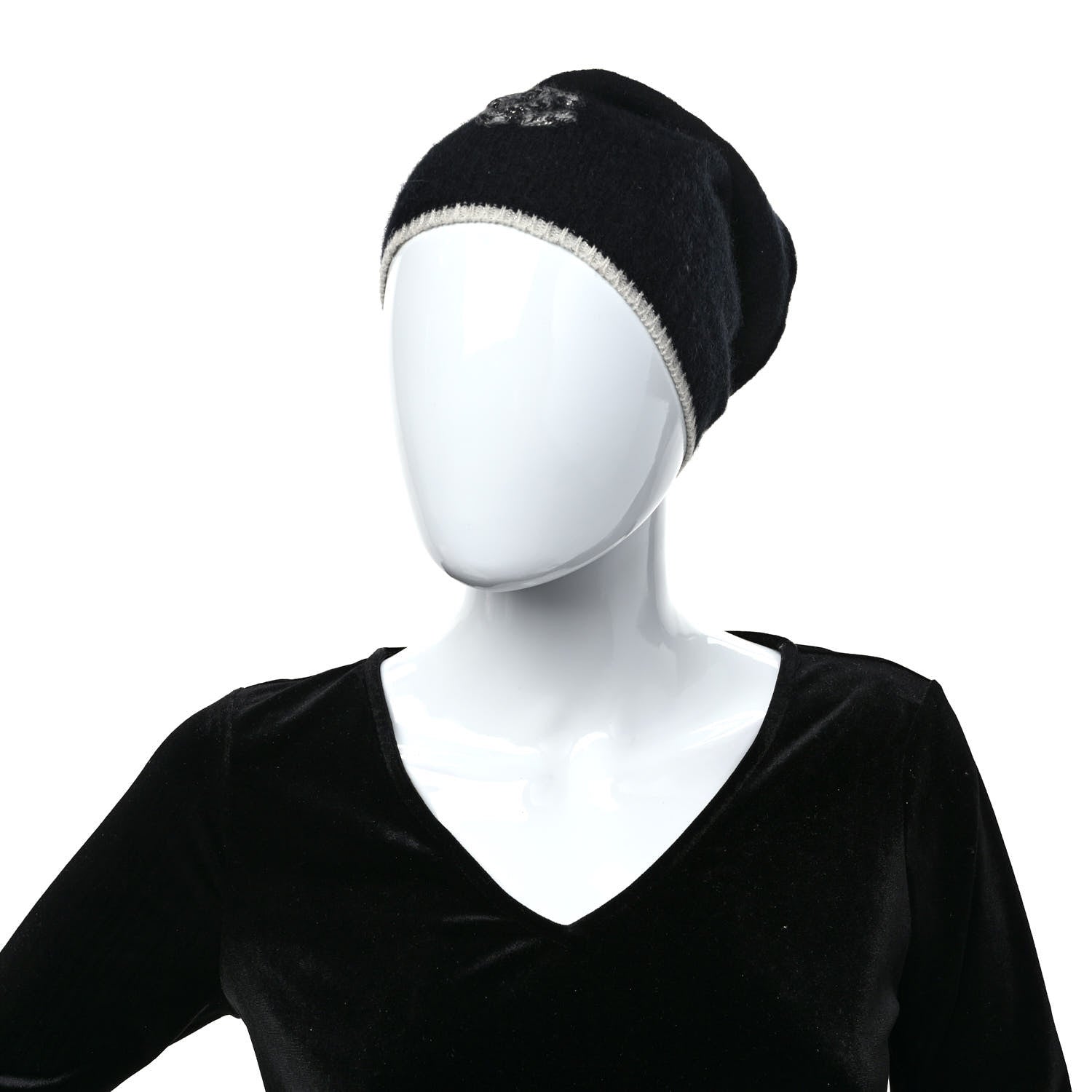 Chanel Cashmere Silk CC Beanie Hat Black White 2 of 6
