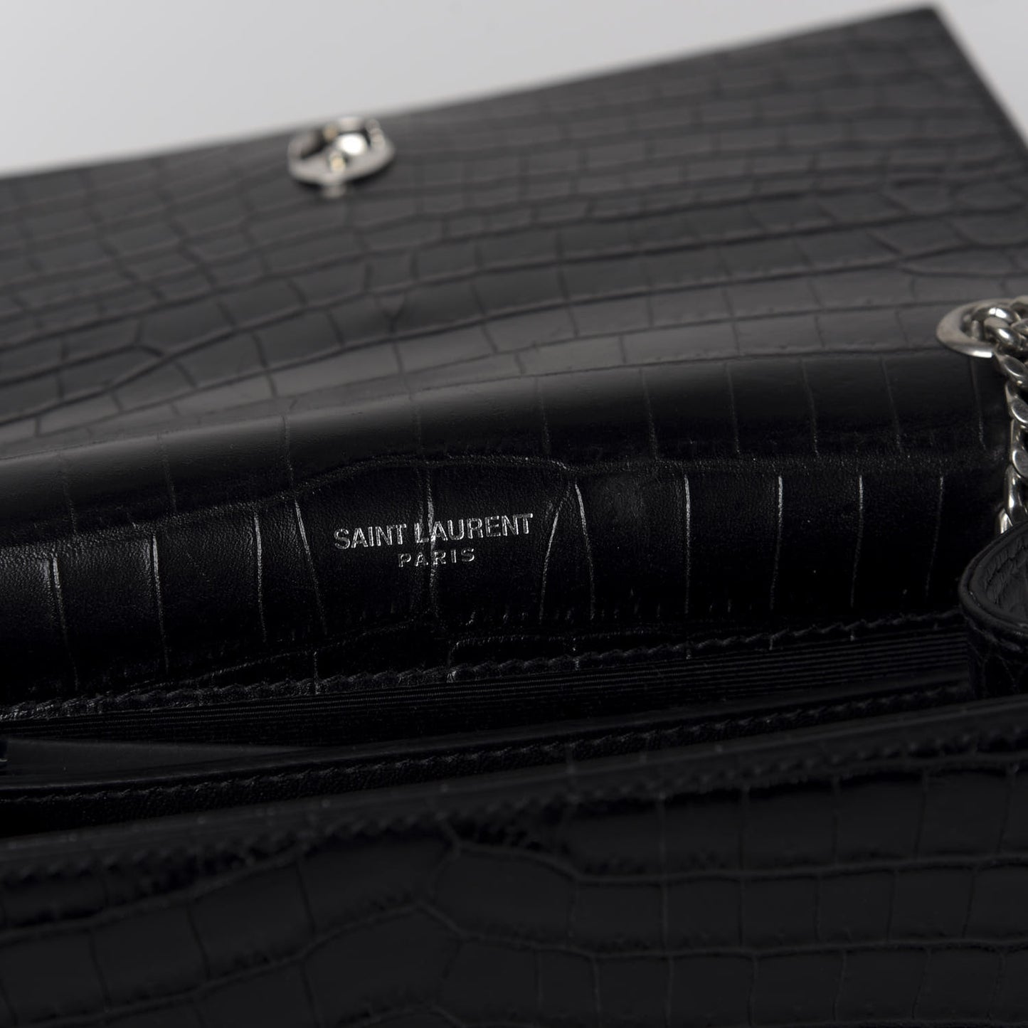 Calfskin Crocodile Embossed Small Classic Monogram Kate Tassel Satchel Black