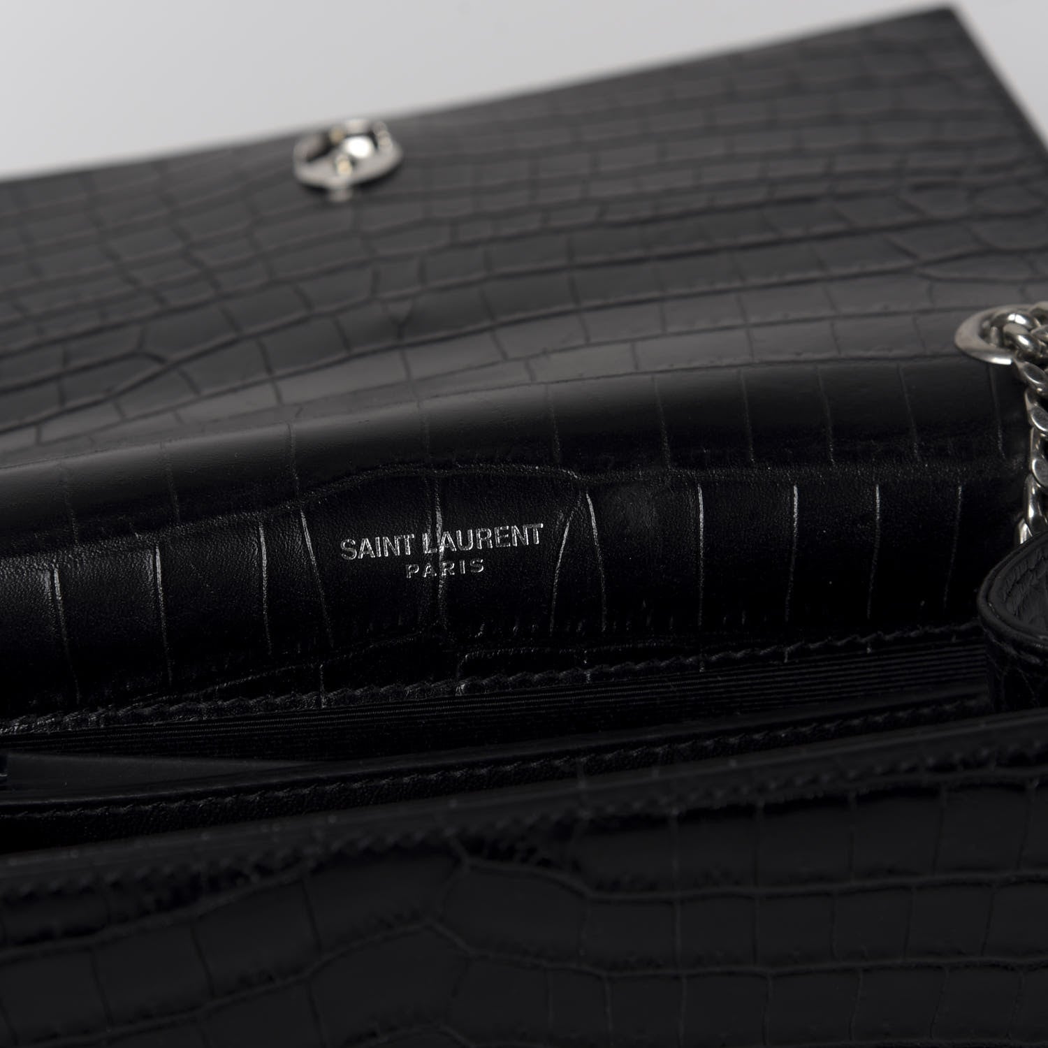 Saint Laurent Calfskin Crocodile Embossed Small Classic Monogram Kate Tassel Satchel Black 8 of 11