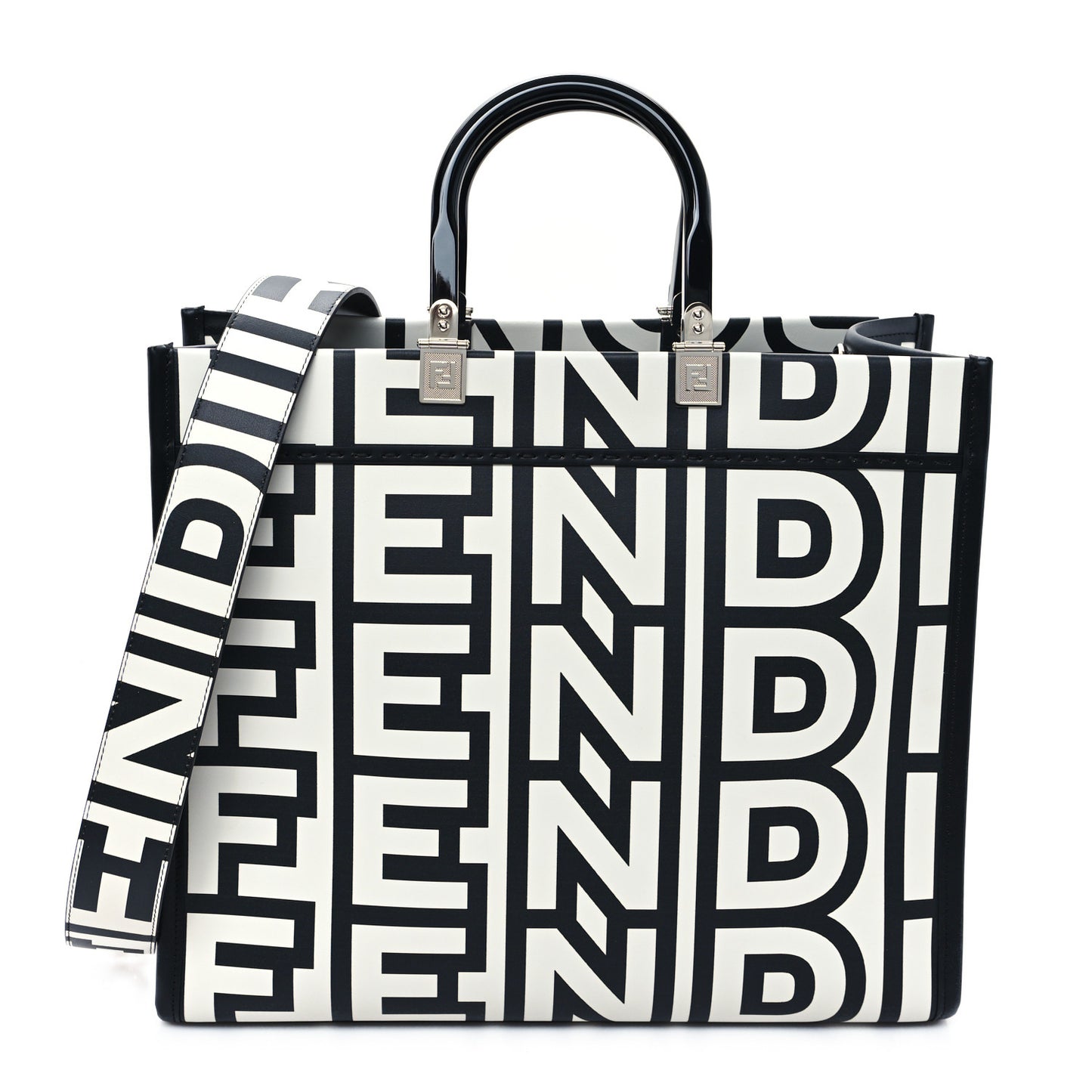 X MARC JACOBS Vitello King Logo Print Medium Fendi Sunshine Shopper Tote Black White