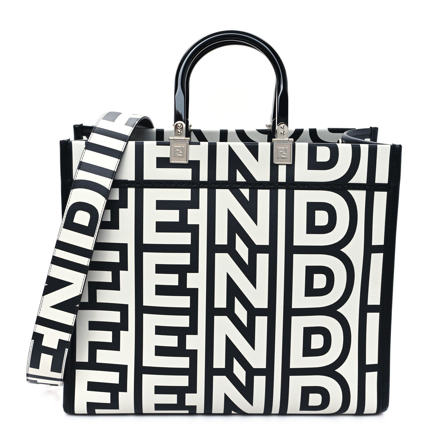 Fendi X MARC JACOBS Vitello King Logo Print Medium Fendi Sunshine Shopper Tote Black White 1 of 10