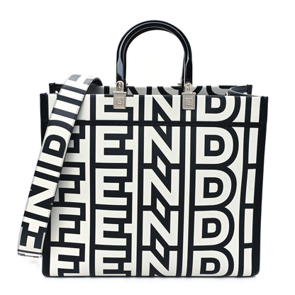 Fendi X MARC JACOBS Vitello King Logo Print Medium Fendi Sunshine Shopper Tote Black White 1 of 10