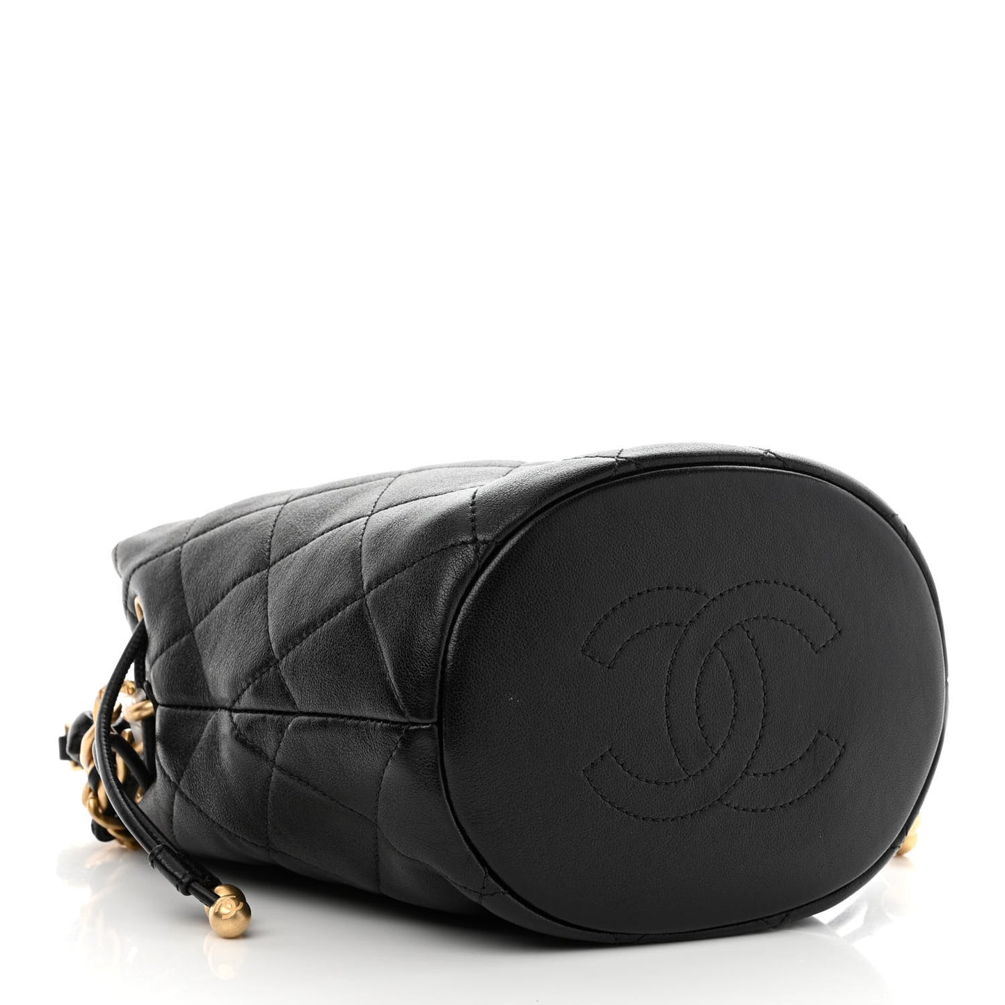 Shiny Lambskin Quilted Chain Is More Drawstring Bag Black