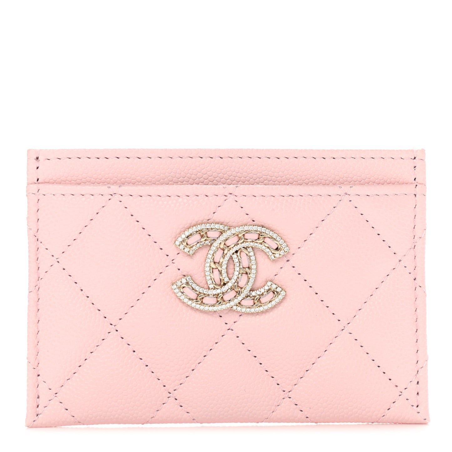 Caviar Quilted Crystal Card Holder Pink