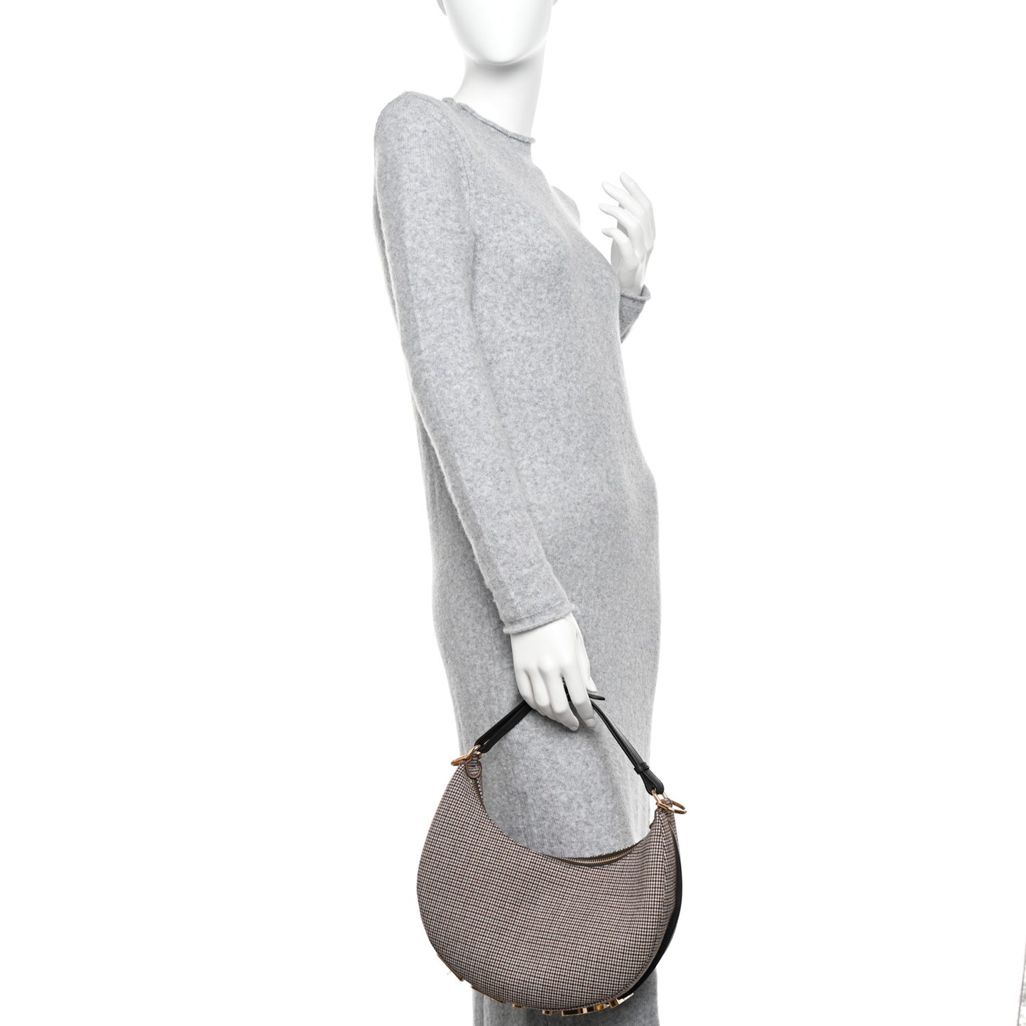 Wool Vitello Grace Small Houndstooth Small Fendigraphy Hobo Bag Beige Ebano