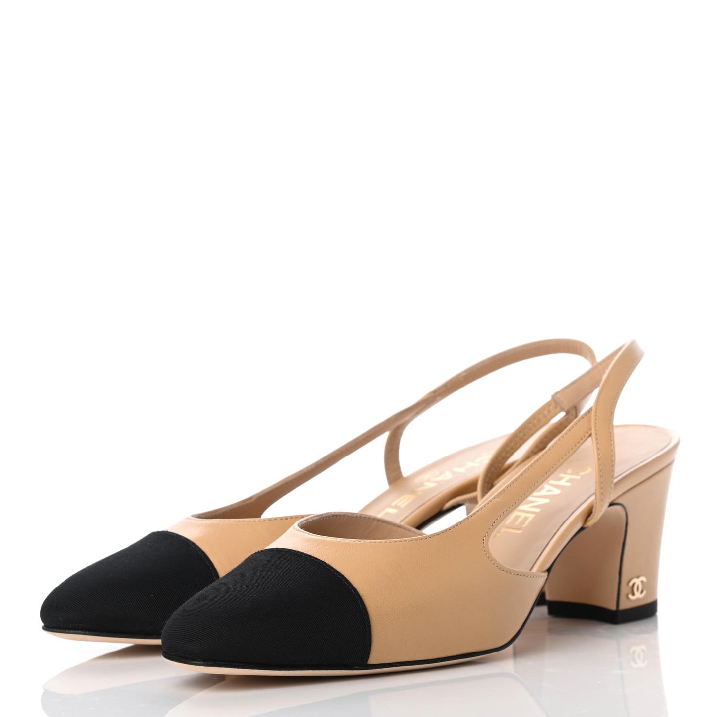 Goatskin Grosgrain Cap Toe CC Slingback Pumps 37 Beige Black