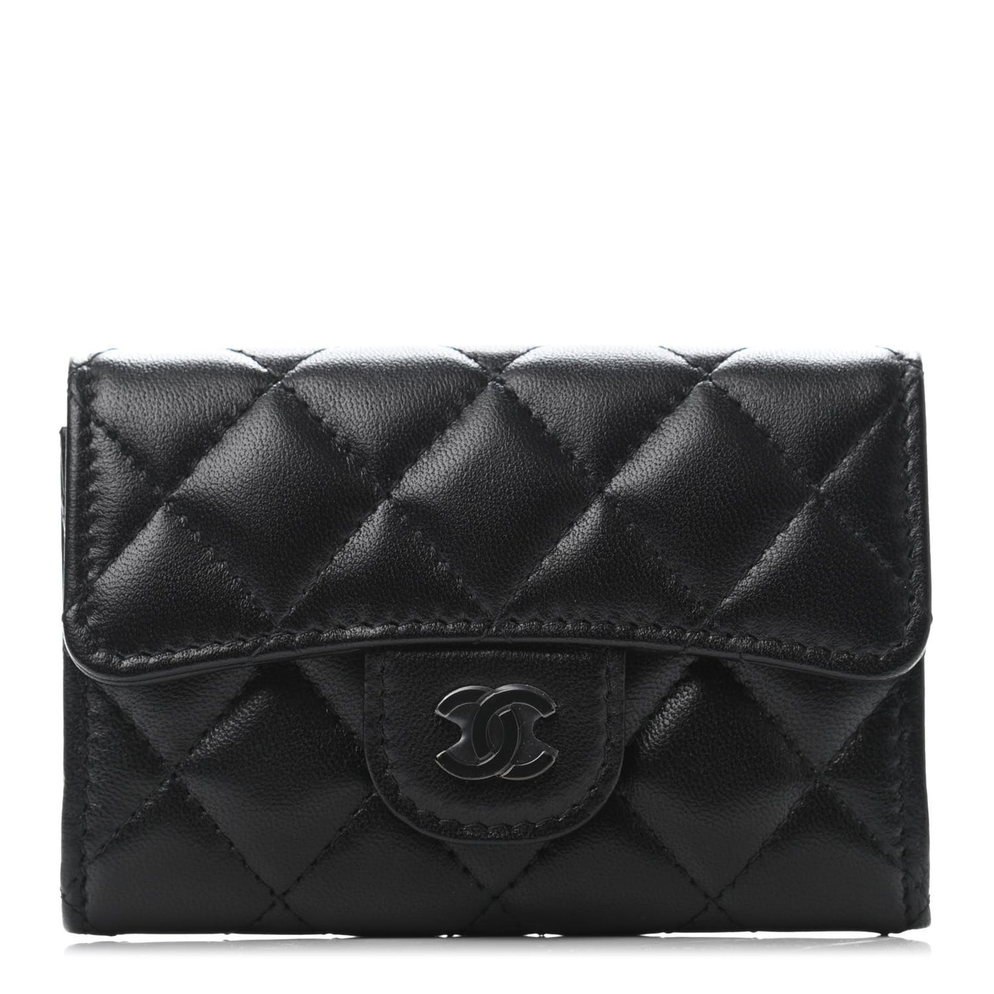 Lambskin Quilted Flap Card Holder Wallet So Black