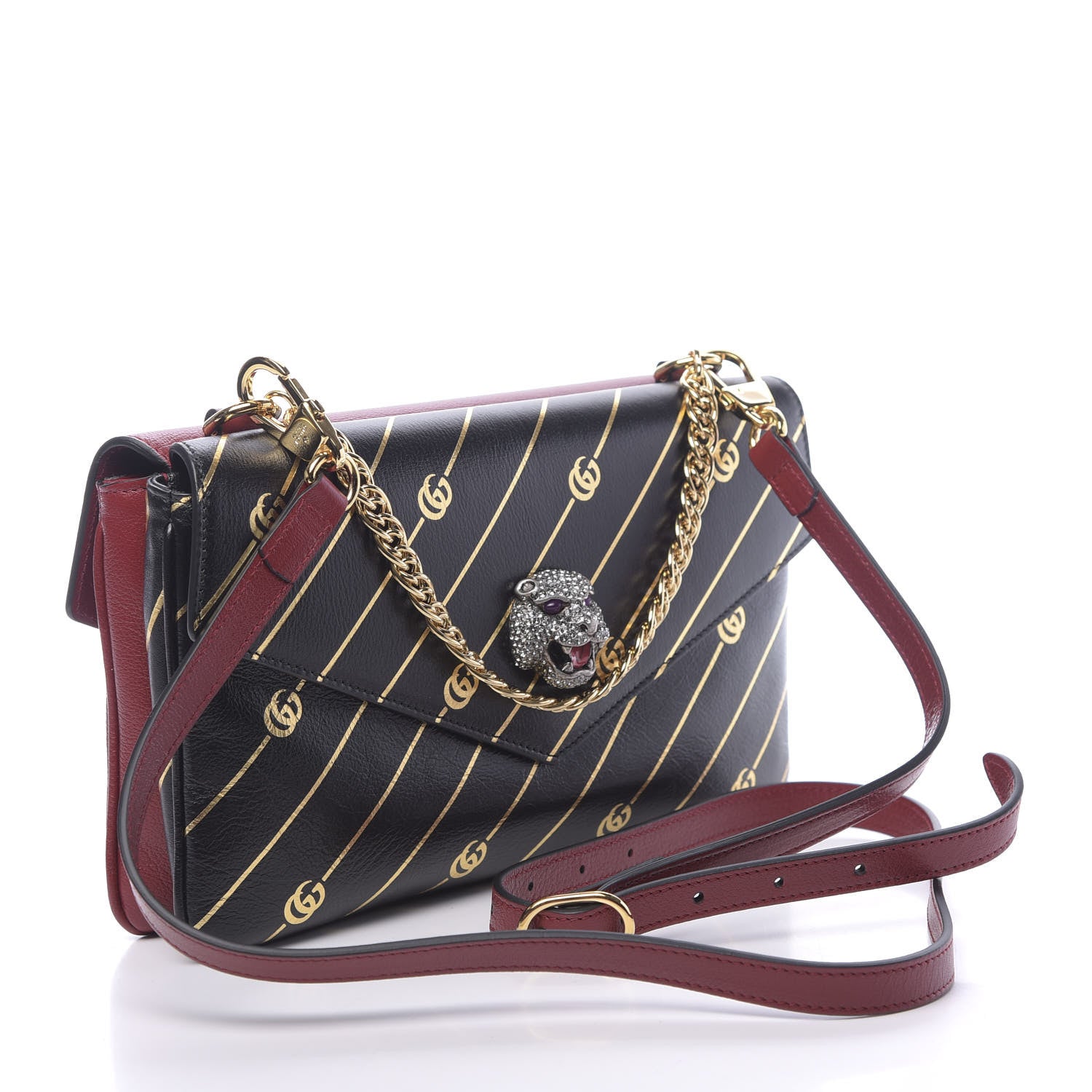 Gucci Calfskin Diagonal GG Medium Thiara Double Envelope Shoulder Bag Black Red 4 of 13