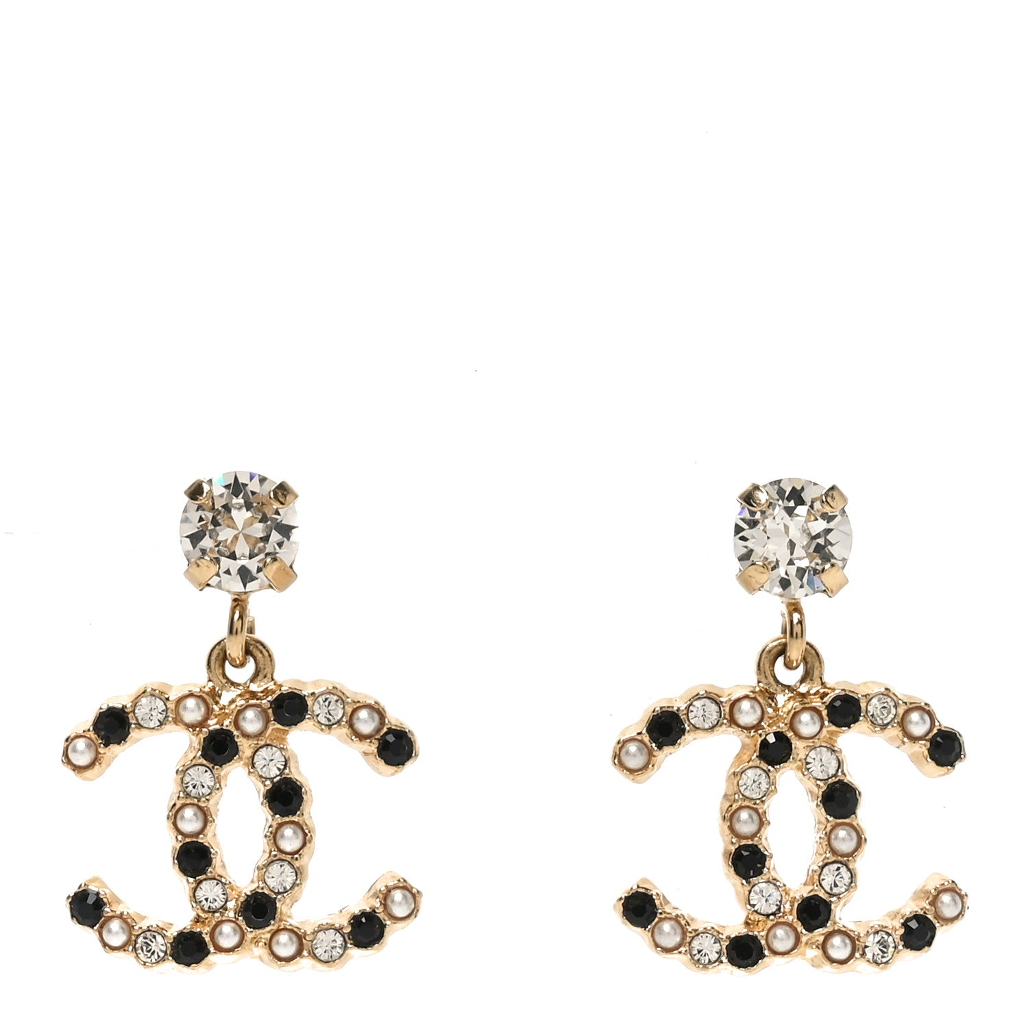 Chanel Resin Crystal Pearl CC Drop Earrings Gold Black 1 of 4