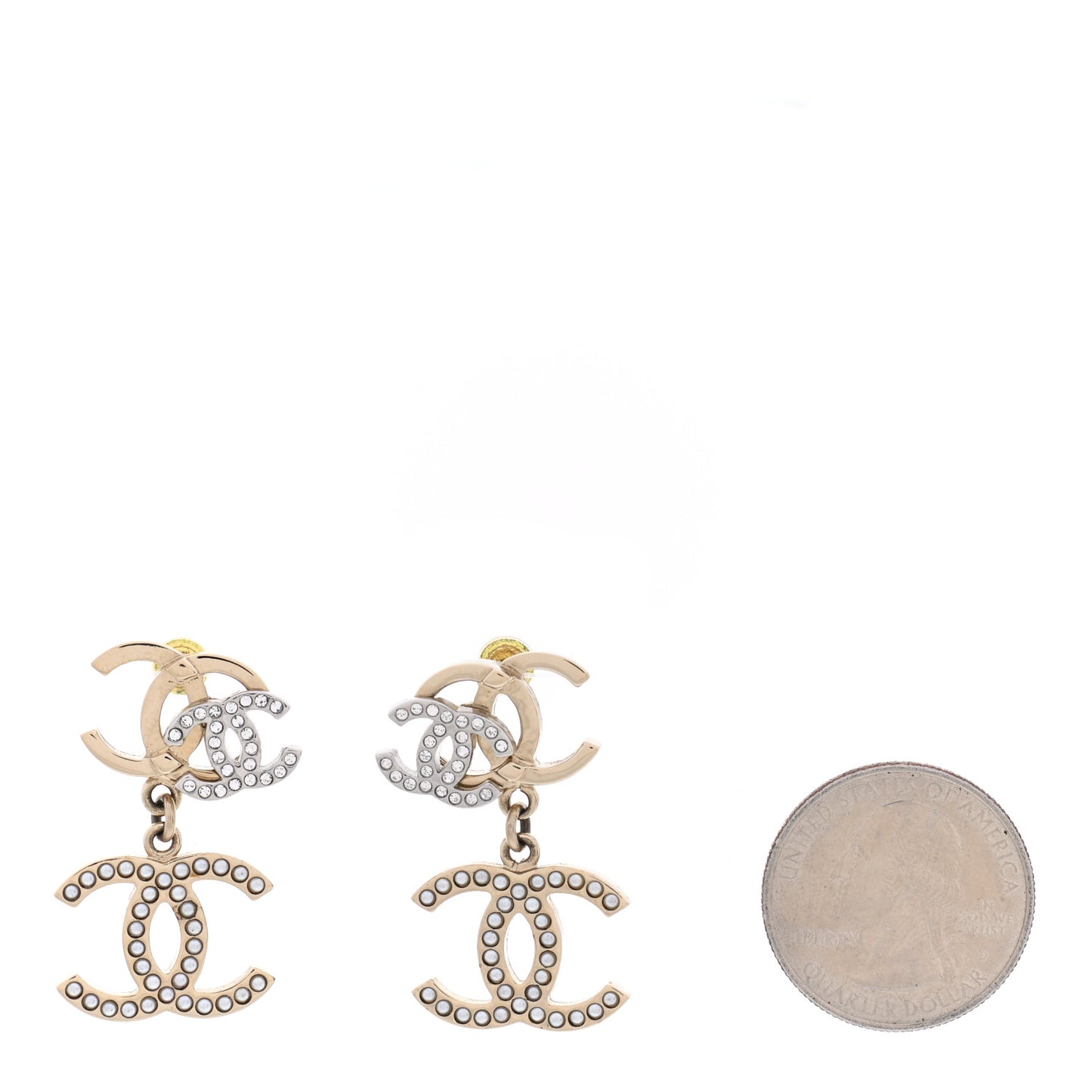 Crystal Pearl Double CC Drop Earrings Gold Silver