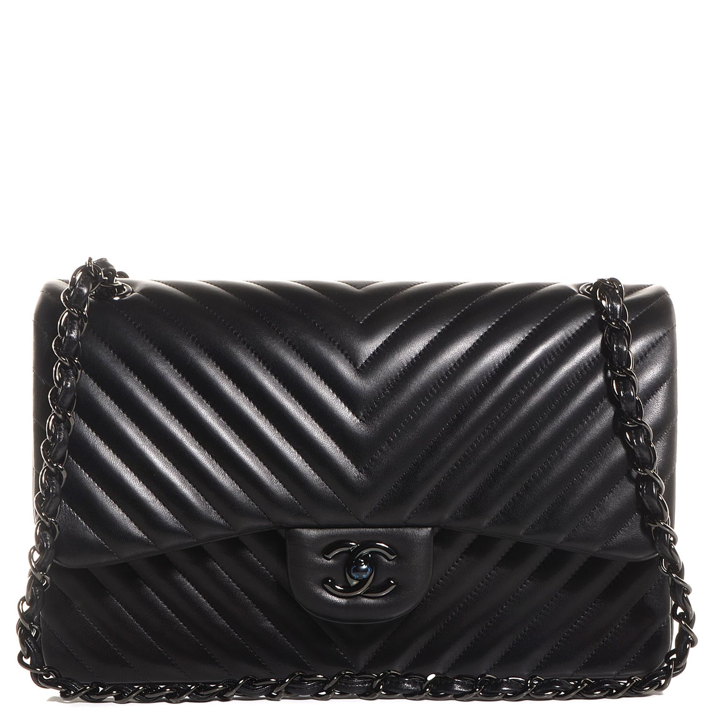 Lambskin Chevron Quilted Jumbo Double Flap So Black