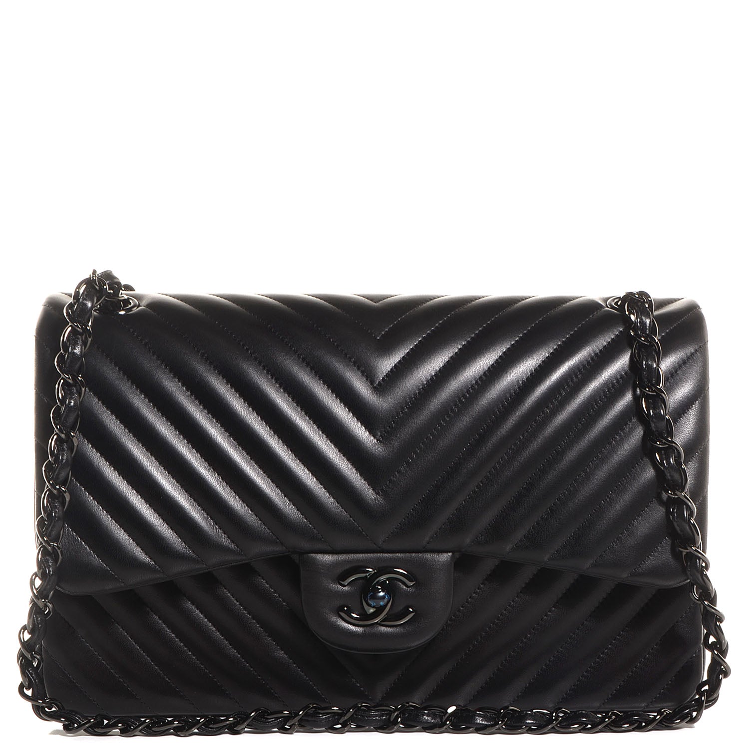 Chanel Lambskin Chevron Quilted Jumbo Double Flap So Black 1 of 10