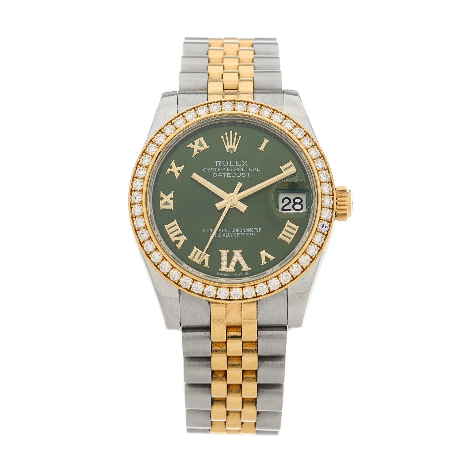 Rolex Stainless Steel 18K Yellow Gold Diamond Bezel 31mm Oyster Perpetual Datejust Watch Olive Green Roman 178383 1 of 5