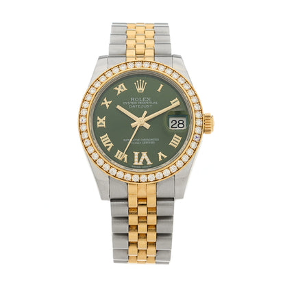 Rolex Stainless Steel 18K Yellow Gold Diamond Bezel 31mm Oyster Perpetual Datejust Watch Olive Green Roman 178383 1 of 5