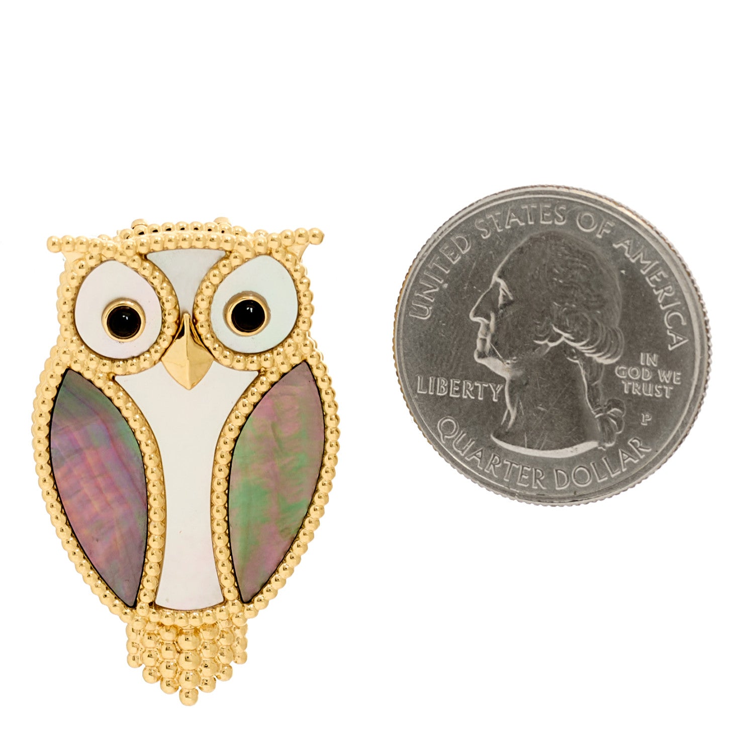 Van Cleef & Arpels 18K Yellow Gold Grey White Mother of Pearl Black Onyx Lucky Animals Owl Brooch 2 of 5