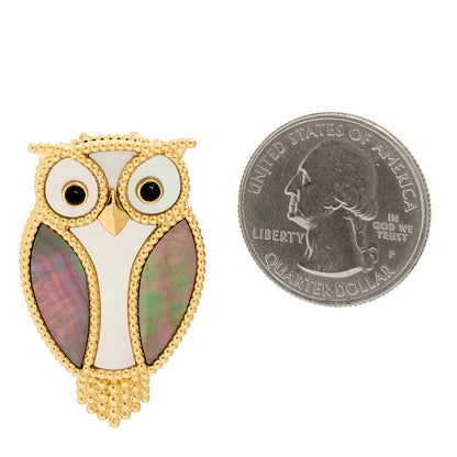 Van Cleef & Arpels 18K Yellow Gold Grey White Mother of Pearl Black Onyx Lucky Animals Owl Brooch 2 of 5