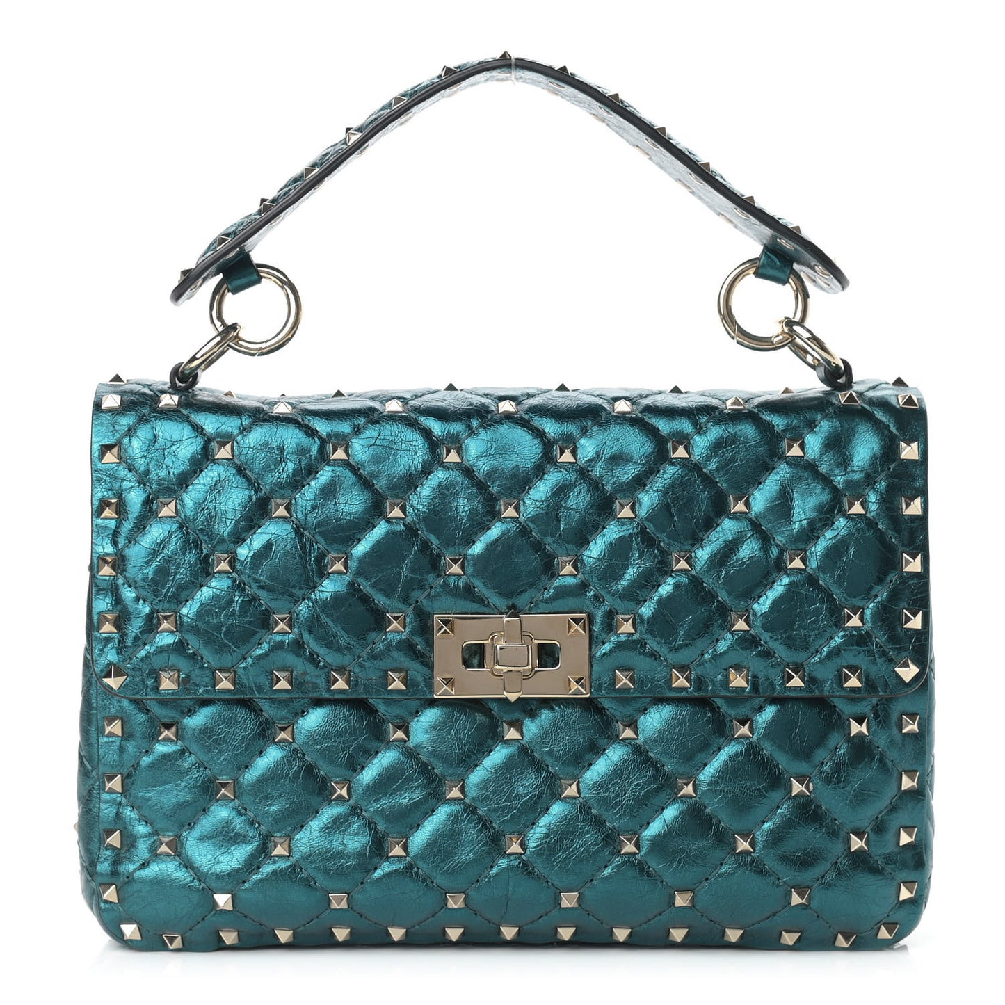 Metallic Wrinkled Lambskin Medium Rockstud Spike Shoulder Bag Peacock