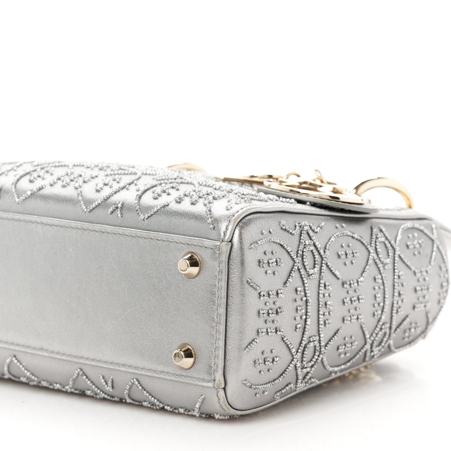 Metallic Lambskin Beaded Embroidered Mini Lady Dior Silver