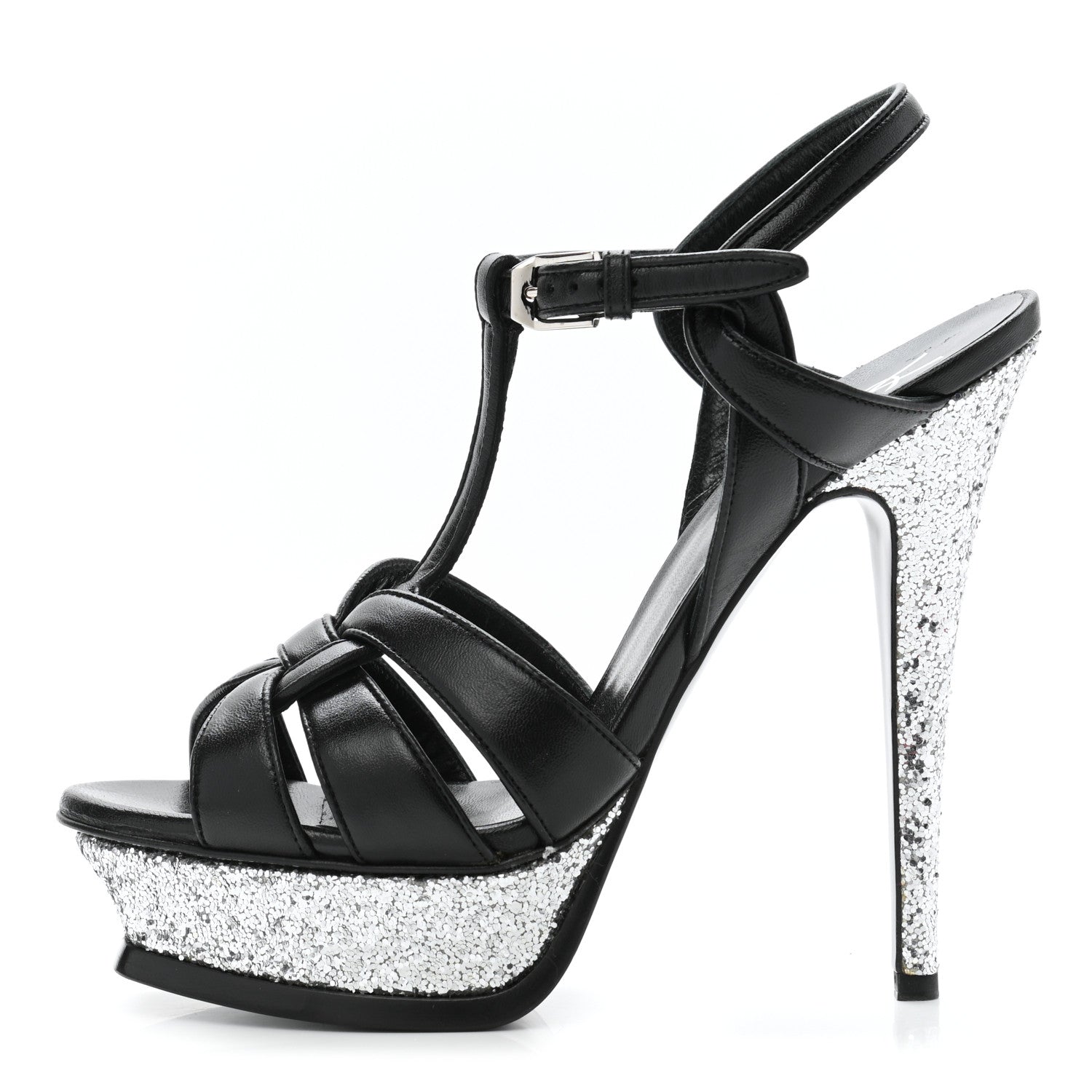Saint Laurent Nappa Glitter Tribute Sandals 37 Black Argento 1 of 8