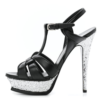 Saint Laurent Nappa Glitter Tribute Sandals 37 Black Argento 1 of 8