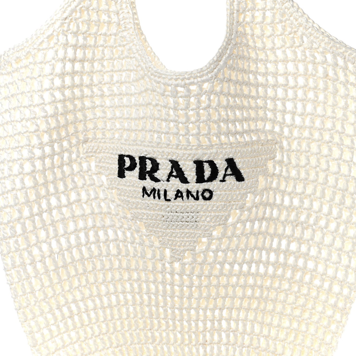 Yarn Raffia Effect Crochet Logo Embroidered Shopping Tote Bag White