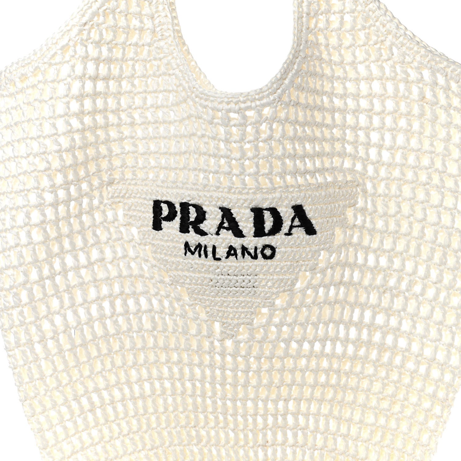 Prada Yarn Raffia Effect Crochet Logo Embroidered Shopping Tote Bag White 8 of 10