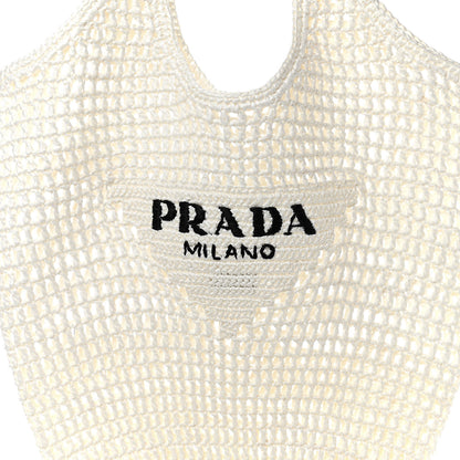 Prada Yarn Raffia Effect Crochet Logo Embroidered Shopping Tote Bag White 8 of 10