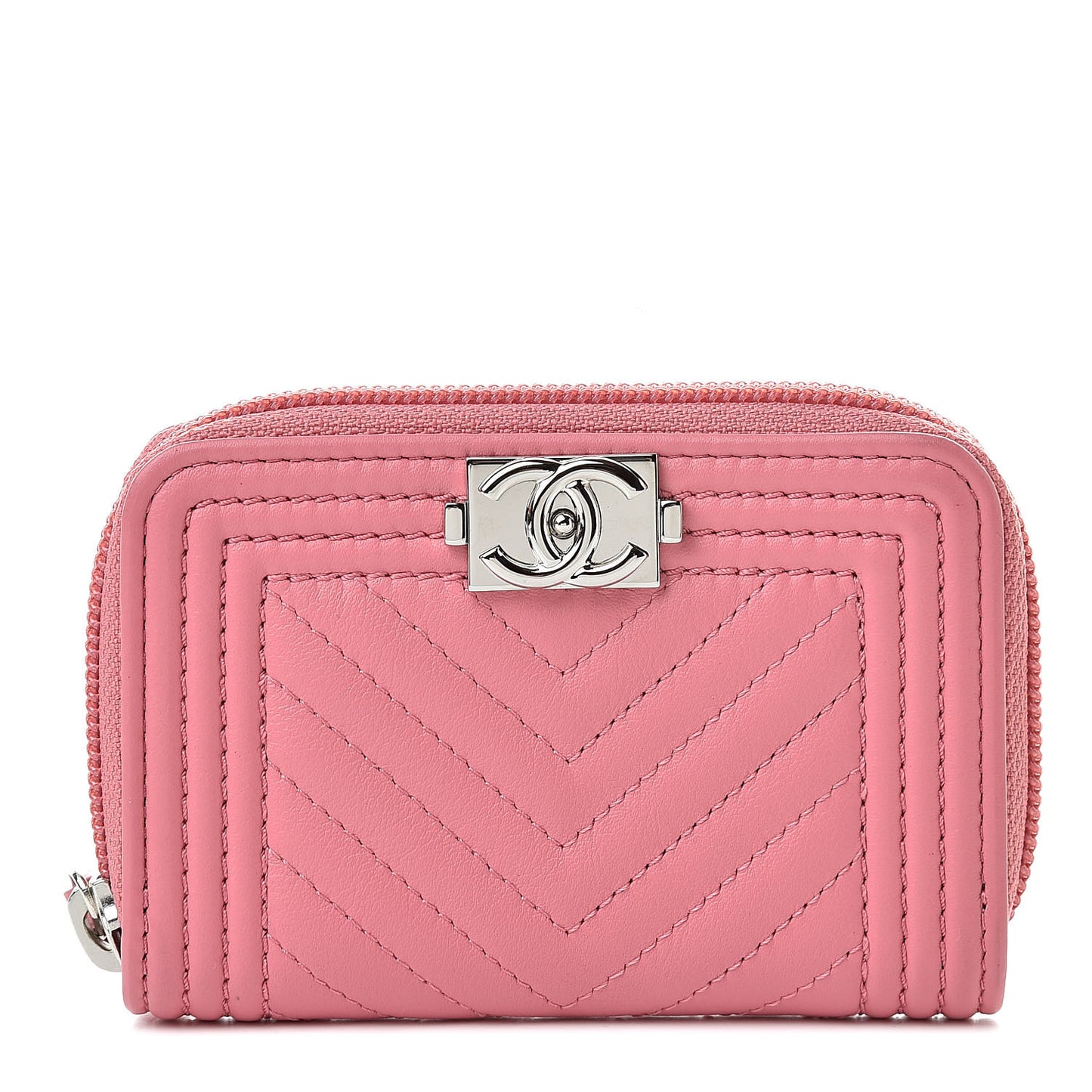 Calfskin Chevron Quilted Zip Around Boy Coin Purse Wallet Pink