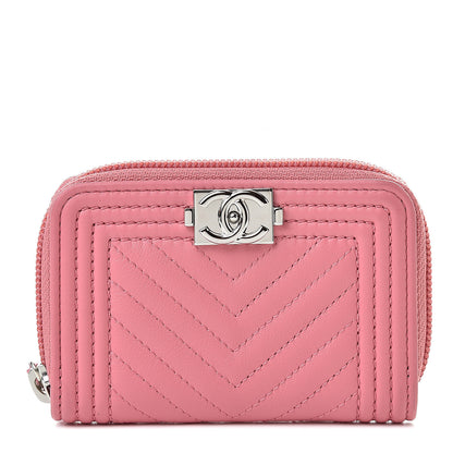 Chanel Calfskin Chevron Quilted Zip Around Boy Coin Purse Wallet Pink 1 of 7