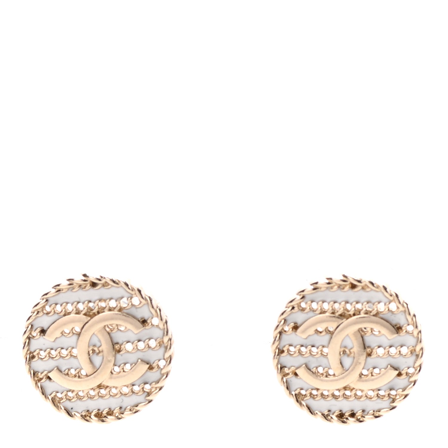 Chanel Chain CC Round Earrings Gold White 1 of 4