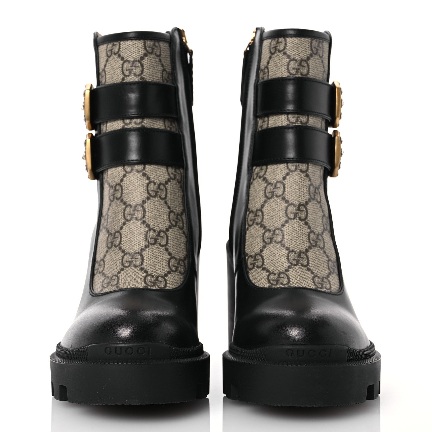 Gucci Kensington Calfskin Nappa GG Supreme Monogram Womens Double Buckle Ankle Boots 36.5 Black 2 of 12