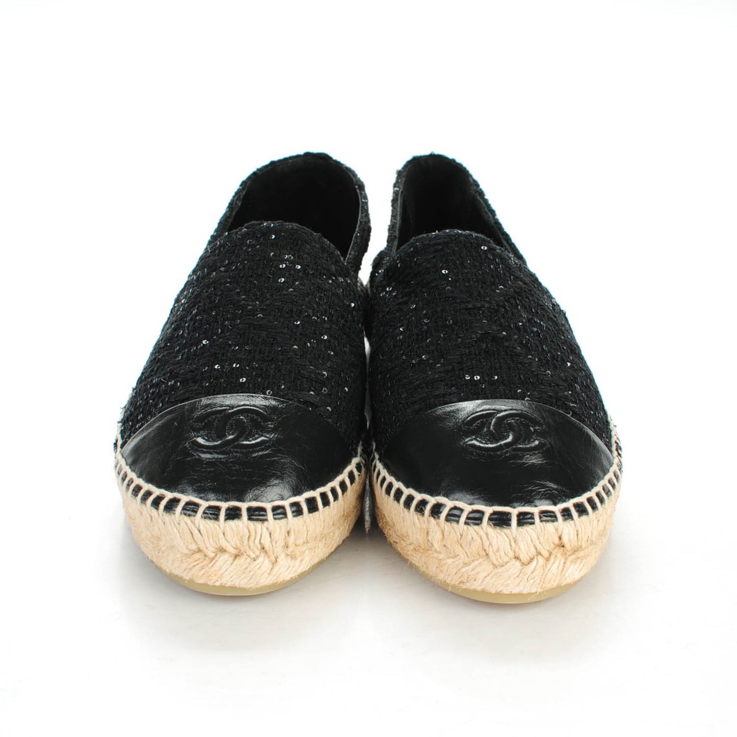 Tweed Patent Goatskin Sequin CC Espadrilles 40 Black