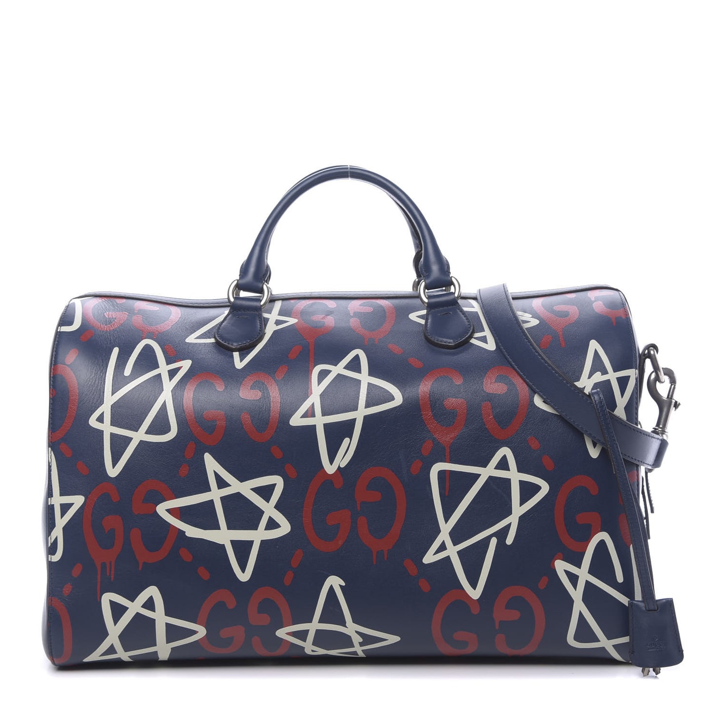 Calfskin GucciGhost Print Duffle Blue Agata Hibiscus Red