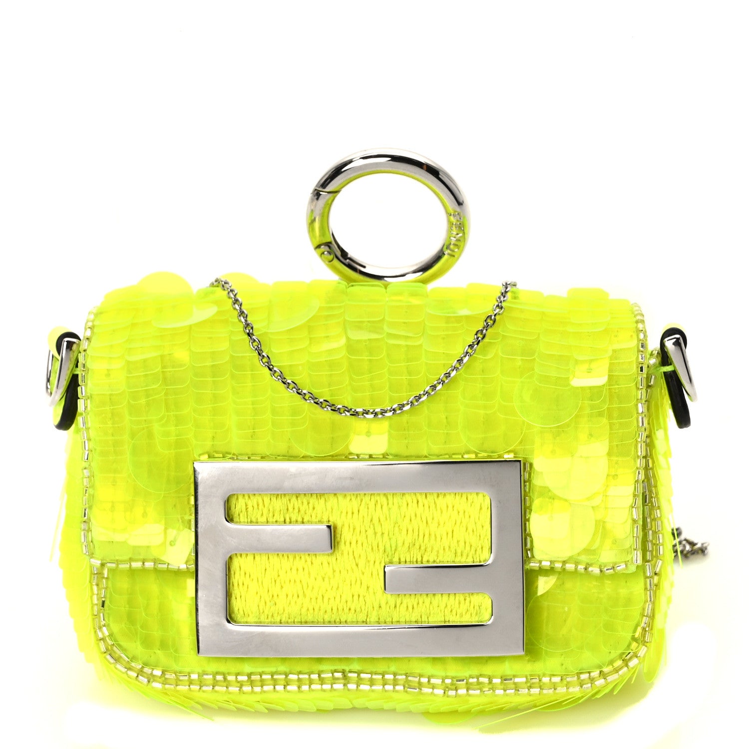 Fendi Transparent Paillettes Vitello King Nano Maxi Buckle Baguette Charm Yellow Fluo 1 of 9