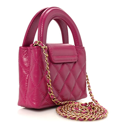 Chanel Shiny Aged Calfskin Quilted Mini Nano Kelly Shopper Dark Pink 3 of 11